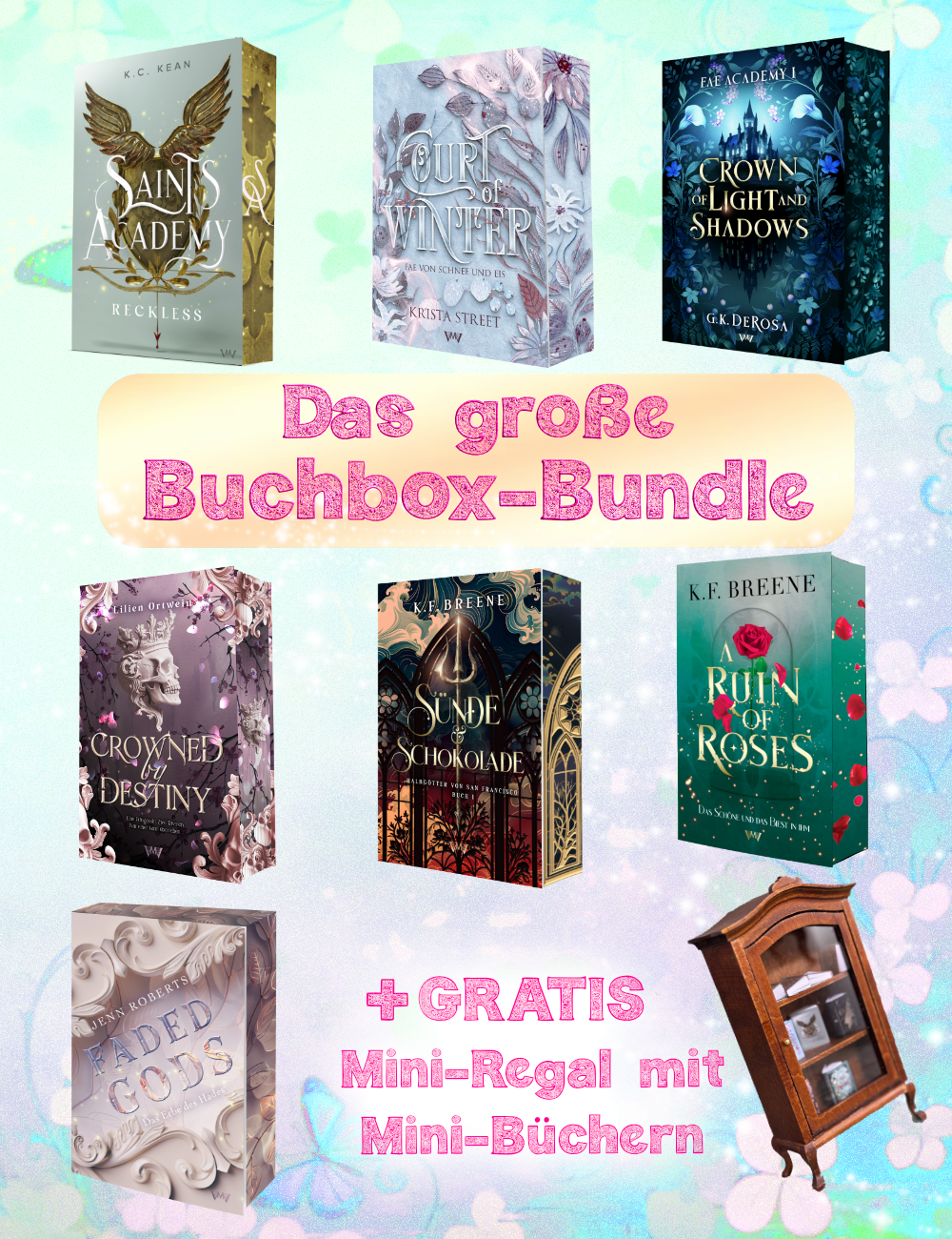 Großes Buchbox-Bundle mit 7 Buchboxen &amp; gratis Mini-Regal!